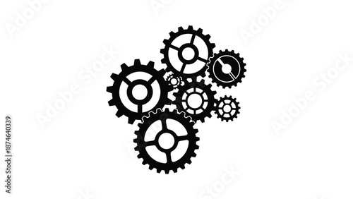 Black silhouette illustration of multiple interlocking gears representing machinery and engineering concepts