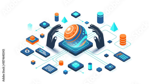 Futuristic technology concept with sphere and network elements in isometric design