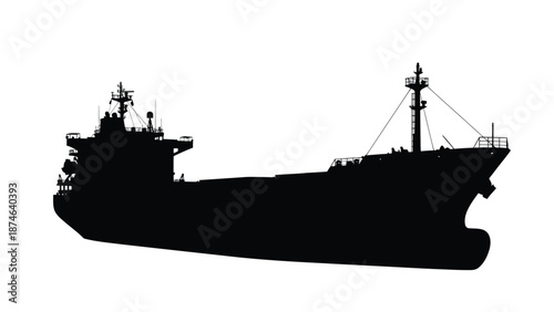 Black silhouette of a large cargo ship or freighter sailing across a white background vector graphic