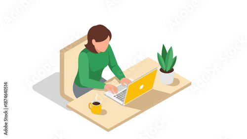 Isometric office: woman at desk with coffee and laptop in minimalist style