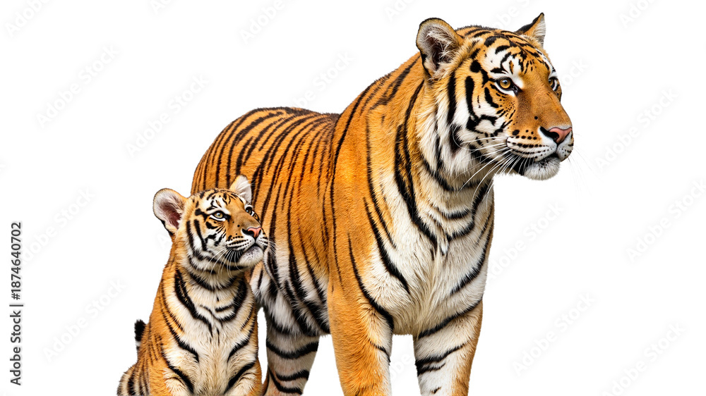 Fototapeta premium Tiger mother and cub standing together on a white background with copy space