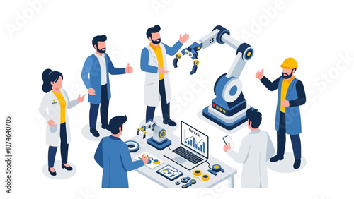 Isometric team meeting analyzing robotics and technology in modern workspace