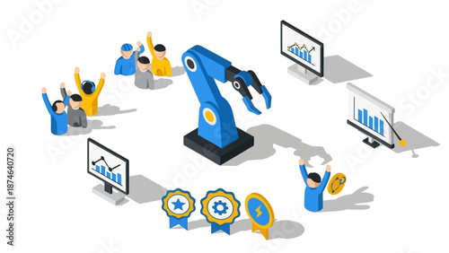 Isometric robotics and data analysis concept with people and graphs