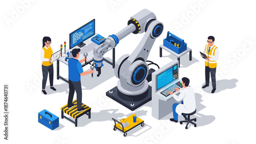 Industrial robotics team working on high-tech machinery in isometric factory setting