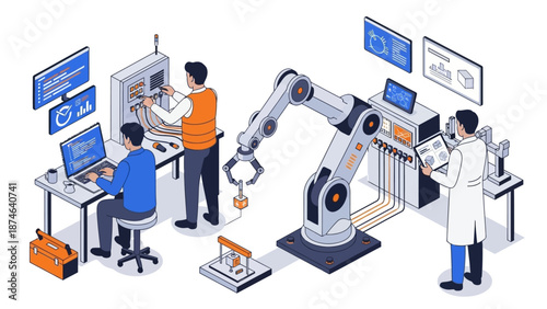 High-tech factory automation with engineers and robotics in modern isometric design