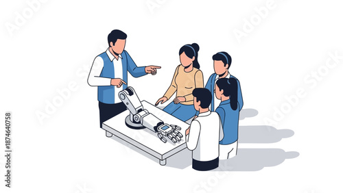 Team collaborating on robotics project in modern office setting