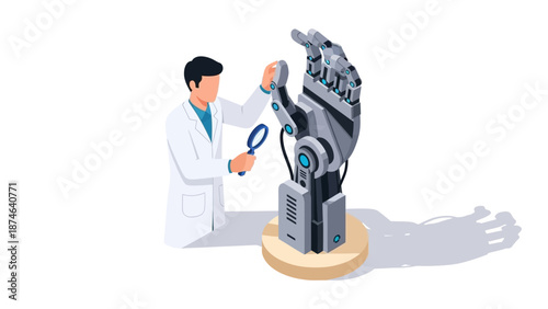 Scientist examining robotic hand in isometric design for advanced technology research