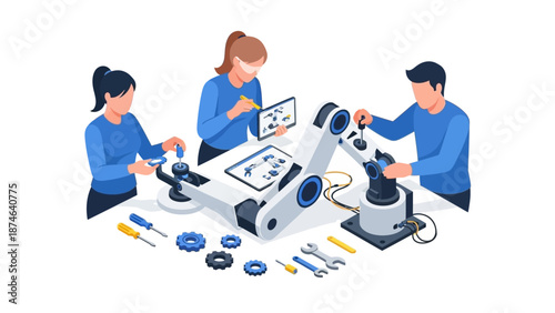 Engineers collaborating on robotic equipment in isometric design