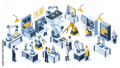 Robotics in industry: modern isometric factory with engineers and machines