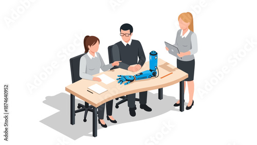 Business meeting on robotics innovation featuring human and robotic collaboration in isometric style