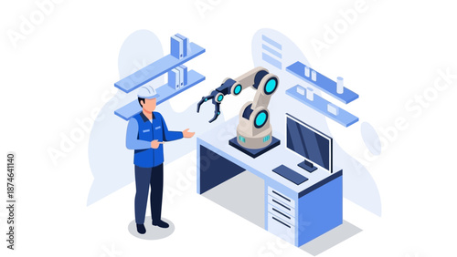 Engineer supervising robotic arm in modern workspace