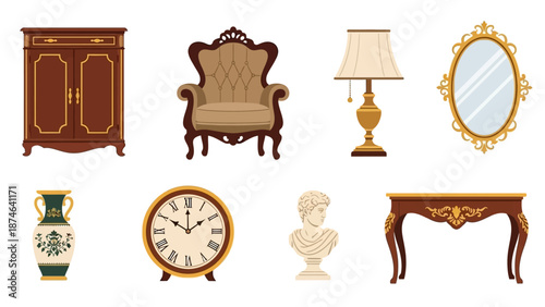 Elegant classic interior objects collection with ornate designs and timeless appeal