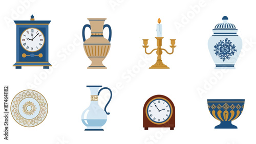 Vintage home decor collection featuring classic clocks, vases, and candle holders in elegant flat design