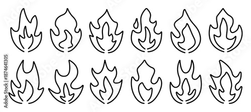 Black line fire and flame icon set, monochrome outline vector signs. Simple bonfire cliparts in different shapes, minimalistic linear doodles, pictograms with editable stroke