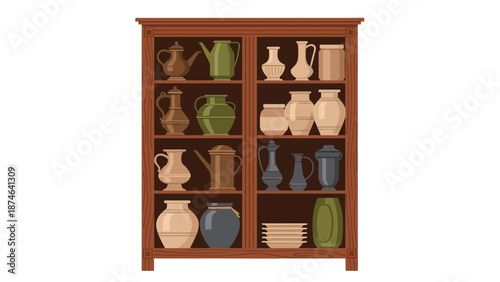 Vintage wooden cabinet filled with assorted ceramic and porcelain jugs