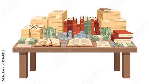 Organized workspace with books, money, and boxes on wooden desk