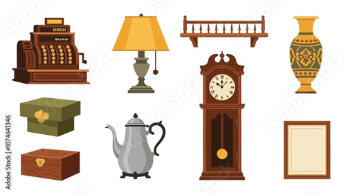 Vintage home decor collection: retro clocks, lamps, vases, and accessories for classic interior design