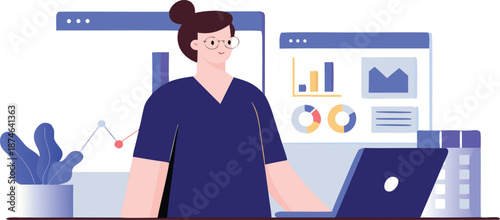 Focused female analyst in glasses working on a laptop surrounded by digital charts and graphs illustrating data analysis and business growth with a modern clean aesthetic