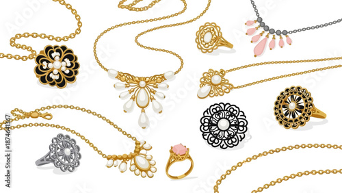 Elegant gold and silver jewelry collection with pearls and gemstones on white background