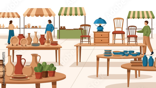 Outdoor market scene with vintage furniture and pottery