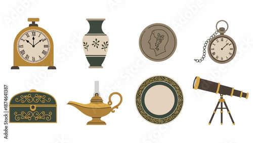 Antique objects collection with clocks, vases, coins, and telescope