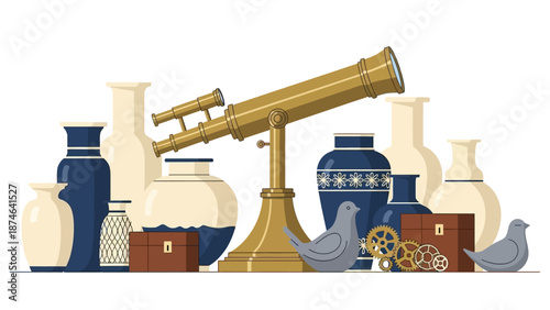 Vintage telescope and ornate vases with decorative gears and pigeons