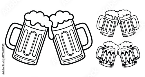 Beer mugs toasting or cheers, A cheerful collection of frothy beer mugs, Clinking Beer Mugs line drawing style, Two beer glasses making cheers