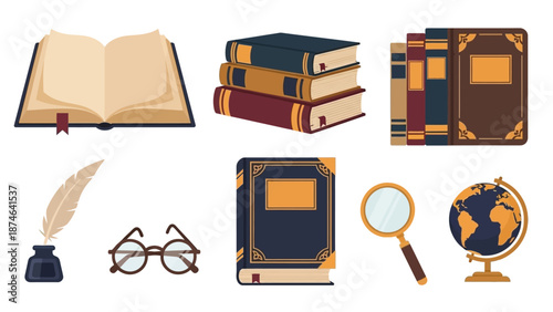 Vintage books and study tools set with open books, glasses, and globe