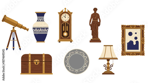 Classic home decor collection: antique clock, vase, sculpture, and more in elegant style