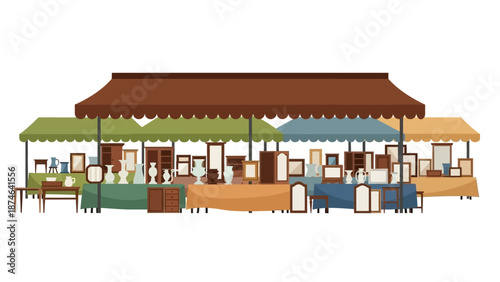 Colorful market stalls displaying antique furniture and ceramics