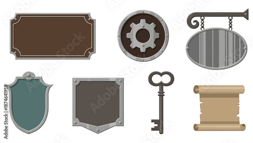 Antique signage collection featuring shields, gears, and keys for vintage design projects