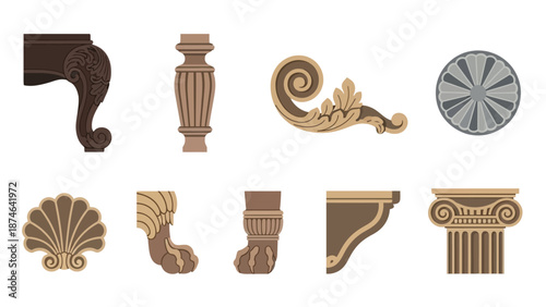 Decorative architectural elements: classical columns, motifs, and ornaments in flat style