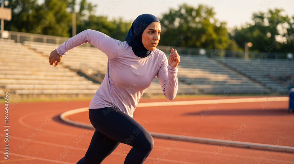 Obraz premium Muslim athlete woman in hijab running on a stadium track