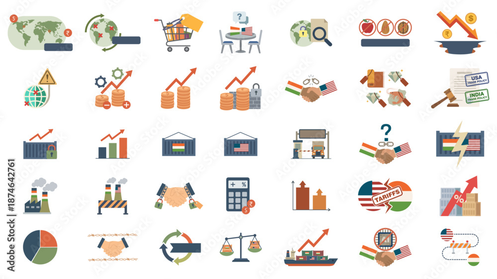 Obraz premium India-US Trade Tariffs Icons – Flags, Handshake, Containers, Graphs, Duties & Barriers