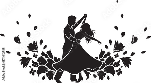 Dancing Couple Silhouette with Flowers on Transparent Background