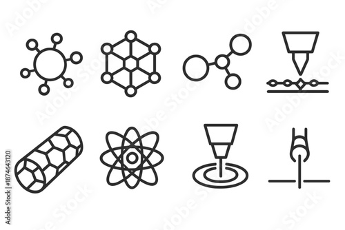 Nanoparticle Icon Grid. Nanomolecular Focus set in outline vector style: nanoparticle icon, atomic lattice, microbond, particle alignment, scanning probe, nano tube, energy field line, focused beam
