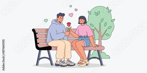 Romantic Couple Sitting on Park Bench Sharing Rose – Sweet Love Flat Vector Illustration