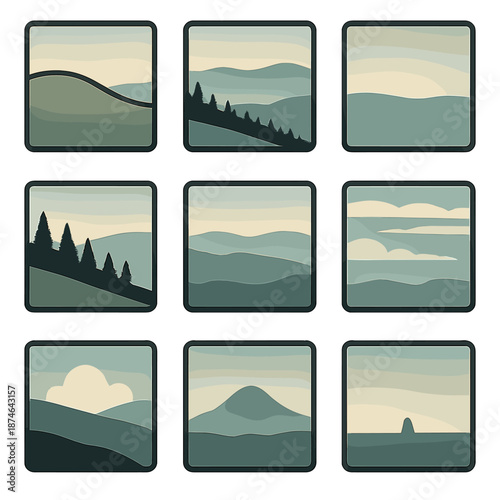 Brutalist Icon Set. Aerial Perspective icon set in silhouette bold style. Contain soft fade hill, distant mist layer, light gradient sky, receding tree line,