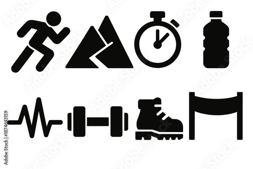 Brutalist Endurance Icons. Endurance icon set in silhouette bold style. Contain runner, mountain, stopwatch, water bottle, heartbeat, dumbbell, hiking boots, finish line