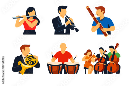Vibrant Orchestra Icons. Classical orchestra vector set in modern flat style : flute, oboe, bassoon, French horn, timpani drum, string section