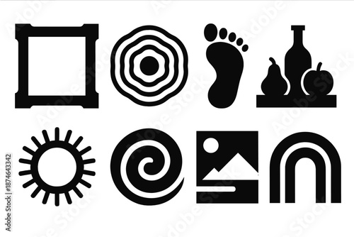 Brutalist Icon Set. Enduring Moments icon set in silhouette bold style. Contain classic frame shape, gentle time ripple, preserved imprint, still-life