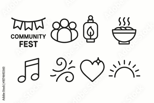 Festive Community Icons. Community Fest set in outline vector style: festive banner, group circle, lantern glow, shared meal bowl, music note, joyful swirl, heart spark, celebration arc