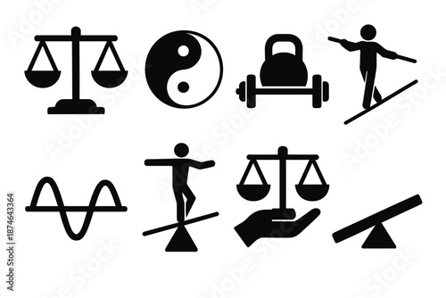Brutalist Balance Icons. Balance icon set in silhouette bold style. Contain scale, yin yang, weights, tightrope walker, equilibrium line, balance beam, hand holding scale, seesaw