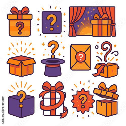 Enigmatic Gift Icons. Mystery Gift vector set in modern flat style : wrapped present, question mark, bow, hidden box, spark, curtain, glow, magic hat, envelope, swirl, ribbon, starburst