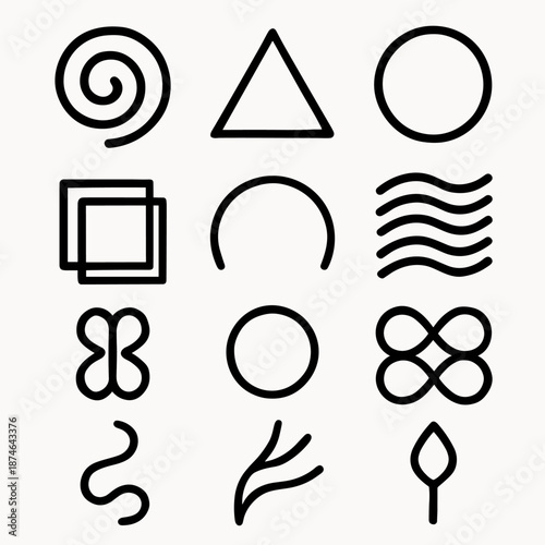 Abstract Symbolic Icons. Abstract Symbolic Forms set in outline vector style: spiral crest, balanced triangle, open circle, layered lines, shifting square,