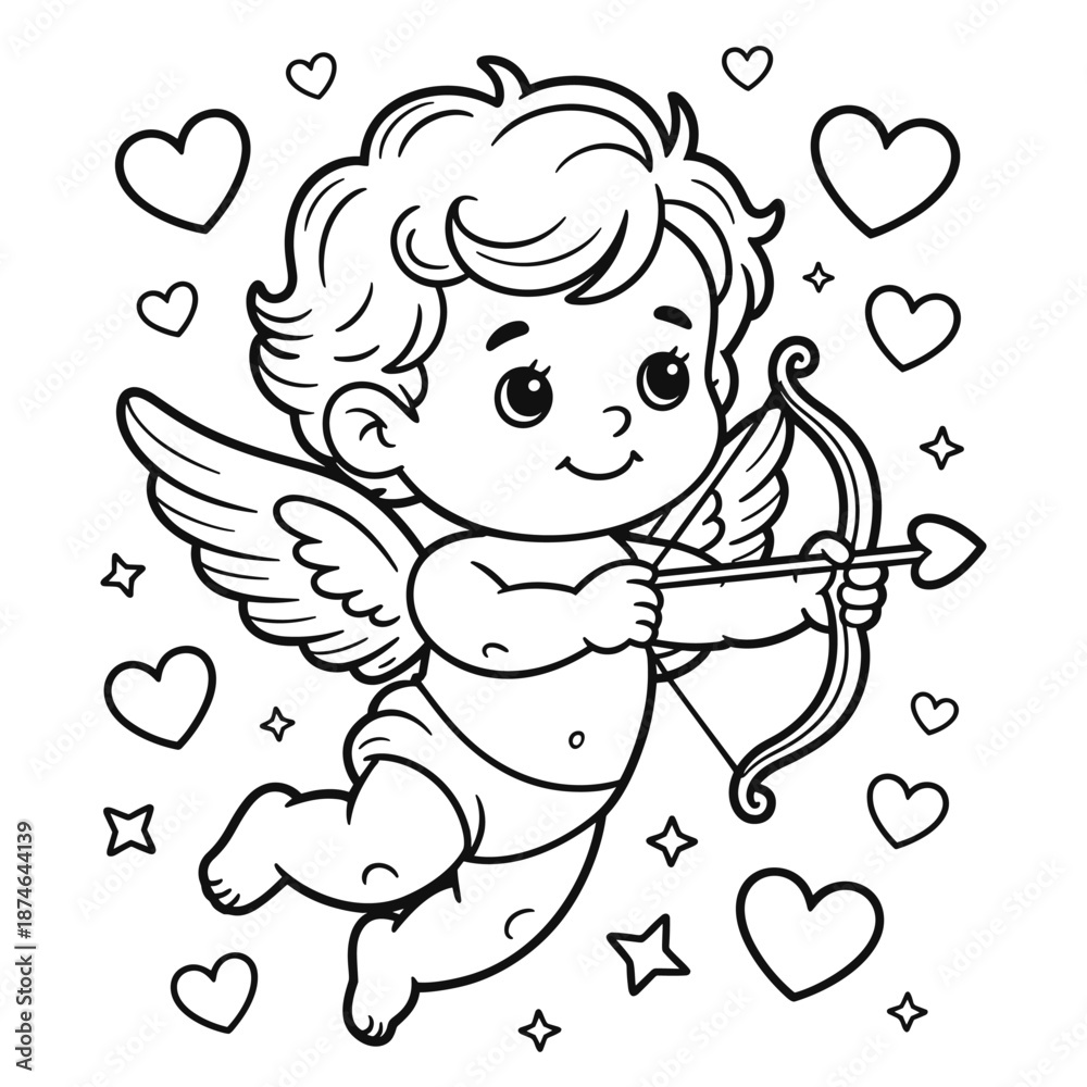 Obraz premium Cupid angel with bow and arrow. Black and white cartoon for coloring book. Valentine's Day vector illustration isolated on white background