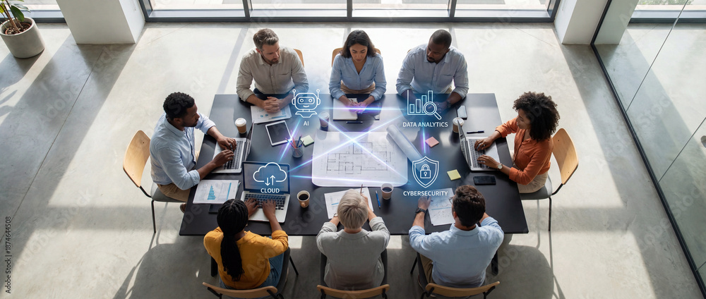 Obraz premium Teamwork Harmony in the Digital Age: An overhead view of a modern business meeting, where a diverse group of professionals are collaborating around a conference table with digital icons overlayed.