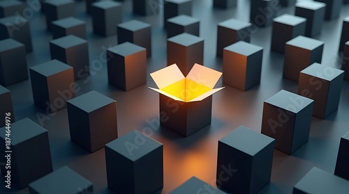 A single glowing open box among many dark closed boxes