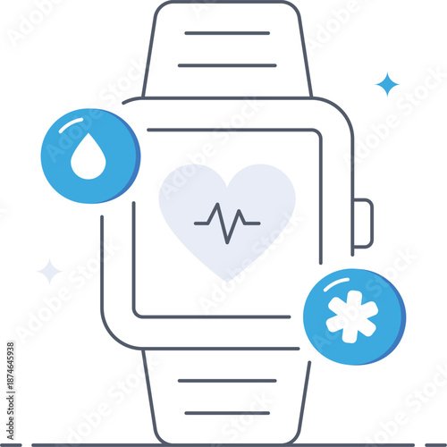 Digital smartwatch tracking heart rate pulse with healthcare medical symbols Flat vector illustration