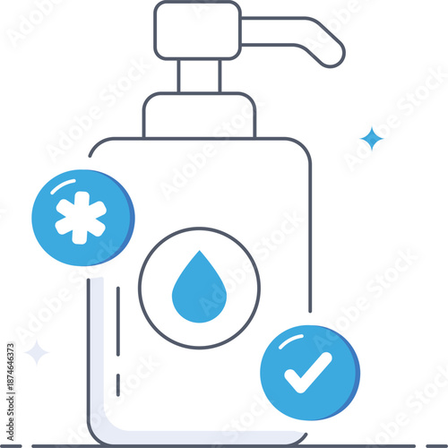 Hand sanitizer bottle with medical cross and checkmark for hygiene Flat vector illustration